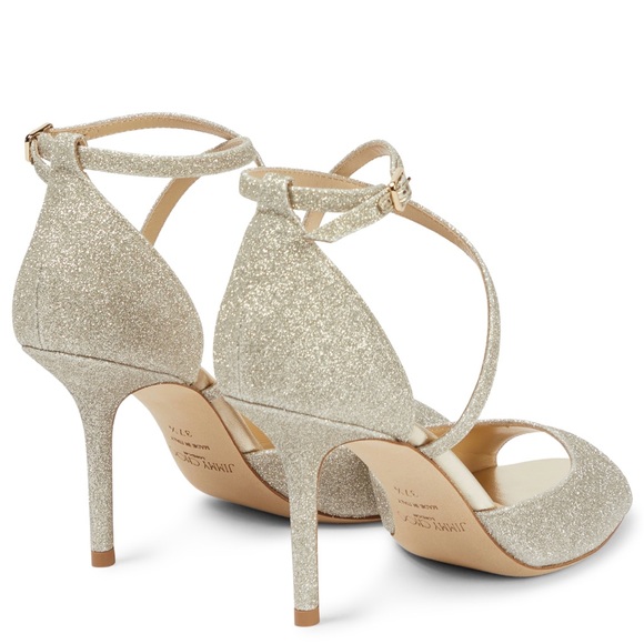 JIMMY CHOO Emily Glitter Crisscross 85mm Sandals, Gold - Picture 3 of 9
